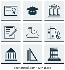 Set Of 9 Education Icons. Includes Measurement, College, Education Center And Other Symbols. Beautiful Design Elements.
