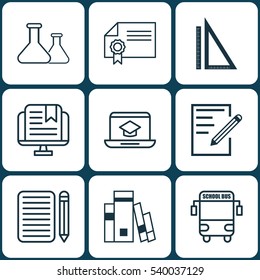 Set Of 9 Education Icons. Includes Transport Vehicle, Chemical, Library And Other Symbols. Beautiful Design Elements.