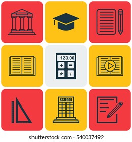 Set Of 9 Education Icons. Includes Opened Book, Home Work, College And Other Symbols. Beautiful Design Elements.