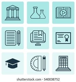 Set Of 9 Education Icons. Includes E-Study, Graduation, Home Work And Other Symbols. Beautiful Design Elements.