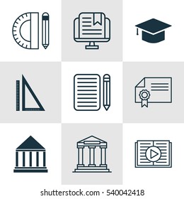 Set Of 9 Education Icons. Includes Home Work, Education Tools, College And Other Symbols. Beautiful Design Elements.