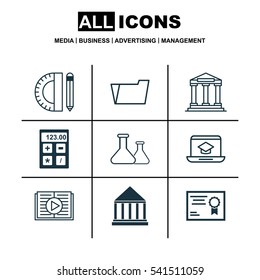 Set Of 9 Education Icons. Includes Electronic Tool, Document Case, Chemical And Other Symbols. Beautiful Design Elements.