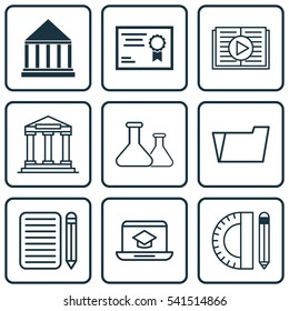 Set Of 9 Education Icons. Includes Chemical, Taped Book, Education Tools And Other Symbols. Beautiful Design Elements.