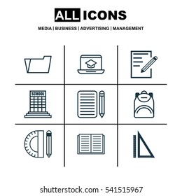 Set Of 9 Education Icons. Includes Measurement, Document Case, Education Tools And Other Symbols. Beautiful Design Elements.