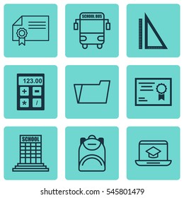 Set Of 9 Education Icons. Includes Certificate, Distance Learning, Electronic Tool And Other Symbols. Beautiful Design Elements.