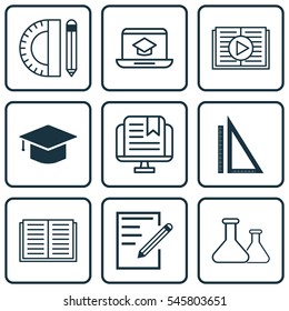 Set Of 9 Education Icons. Includes Paper, Education Tools, E-Study And Other Symbols. Beautiful Design Elements.
