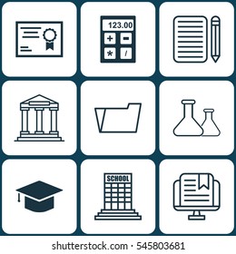 Set Of 9 Education Icons. Includes E-Study, College, Certificate And Other Symbols. Beautiful Design Elements.