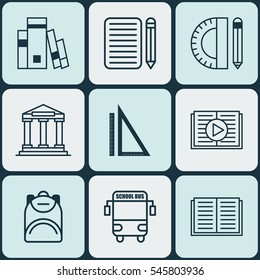 Set Of 9 Education Icons. Includes Haversack, Education Tools, Transport Vehicle And Other Symbols. Beautiful Design Elements.