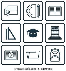Set Of 9 Education Icons. Includes Education Tools, Opened Book, Academy And Other Symbols. Beautiful Design Elements.