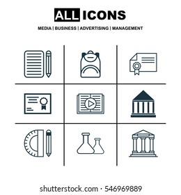 Set Of 9 Education Icons. Includes Chemical, Certificate, Taped Book And Other Symbols. Beautiful Design Elements.