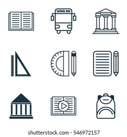 Set Of 9 Education Icons. Includes Opened Book, Transport Vehicle, Education Tools And Other Symbols. Beautiful Design Elements.