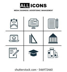Set Of 9 Education Icons. Includes Paper, Measurement, Distance Learning And Other Symbols. Beautiful Design Elements.
