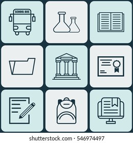 Set Of 9 Education Icons. Includes Opened Book, Paper, College And Other Symbols. Beautiful Design Elements.