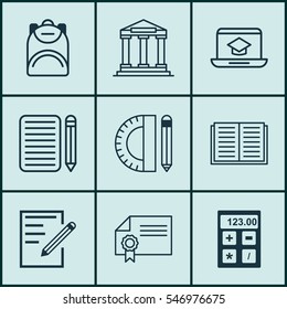 Set Of 9 Education Icons. Includes Home Work, Education Tools, Diploma And Other Symbols. Beautiful Design Elements.