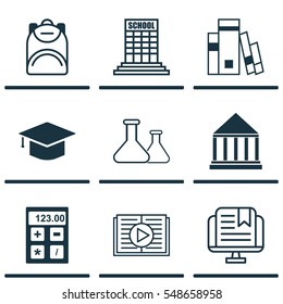 Set Of 9 Education Icons. Includes Taped Book, Chemical, Library And Other Symbols. Beautiful Design Elements.