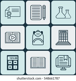 Set Of 9 Education Icons. Includes Taped Book, E-Study, Academy And Other Symbols. Beautiful Design Elements.