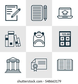 Set Of 9 Education Icons. Includes Distance Learning, Home Work, Electronic Tool And Other Symbols. Beautiful Design Elements.
