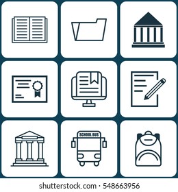 Set Of 9 Education Icons. Includes Document Case, Opened Book, Certificate And Other Symbols. Beautiful Design Elements.