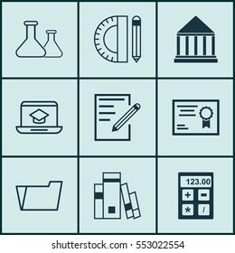 Set Of 9 Education Icons. Includes Library, Chemical, Electronic Tool And Other Symbols. Beautiful Design Elements.
