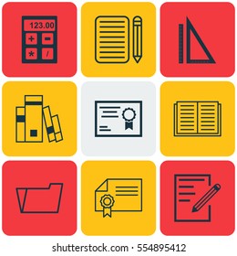 Set Of 9 Education Icons. Includes Library, Home Work, Paper And Other Symbols. Beautiful Design Elements.
