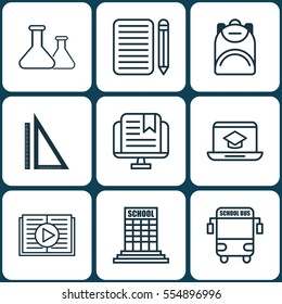Set Of 9 Education Icons. Includes Academy, Measurement, E-Study And Other Symbols. Beautiful Design Elements.