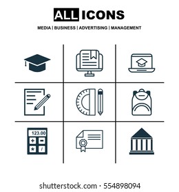 Set Of 9 Education Icons. Includes Electronic Tool, Diploma, Distance Learning And Other Symbols. Beautiful Design Elements.