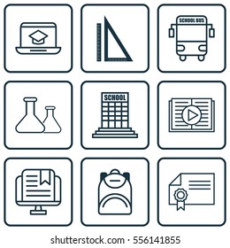 Set Of 9 Education Icons. Includes Academy, Chemical, Measurement And Other Symbols. Beautiful Design Elements.
