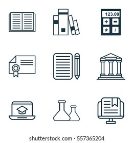 Set Of 9 Education Icons. Includes Library, Home Work, Opened Book And Other Symbols. Beautiful Design Elements.