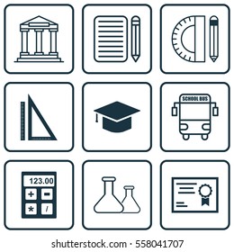 Set Of 9 Education Icons. Includes Electronic Tool, Graduation, Home Work And Other Symbols. Beautiful Design Elements.