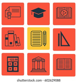 Set Of 9 Education Icons. Includes Library, College, Diploma And Other Symbols. Beautiful Design Elements.