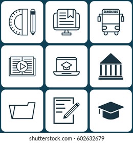 Set Of 9 Education Icons. Includes Transport Vehicle, Education Center, E-Study And Other Symbols. Beautiful Design Elements.