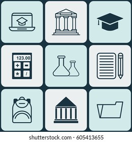 Set Of 9 Education Icons. Includes Electronic Tool, Education Center, Document Case And Other Symbols. Beautiful Design Elements.