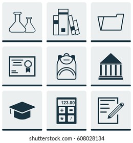 Set Of 9 Education Icons. Includes Haversack, Chemical, Education Center And Other Symbols. Beautiful Design Elements.