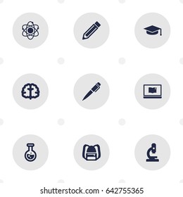 Set Of 9 Education Icons Set.Collection Of Microbiology, Drawing Tool, Notebook And Other Elements.