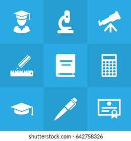 Set Of 9 Education Icons Set.Collection Of Academic Hat, Certificate, Pencil And Other Elements.