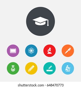 Set Of 9 Education Icons Set.Collection Of Student, Ink, Drawing Tool And Other Elements.