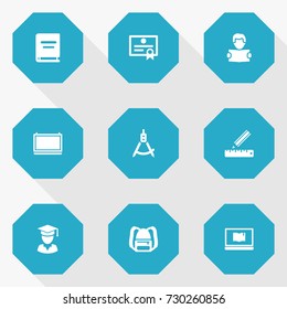 Set Of 9 Education Icons Set.Collection Of Reading, Diplomaed Male, Notebook And Other Elements.