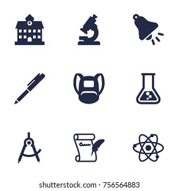 Set Of 9 Education Icons Set.Collection Of Optical Instrument, Rucksack, Agreement And Other Elements.