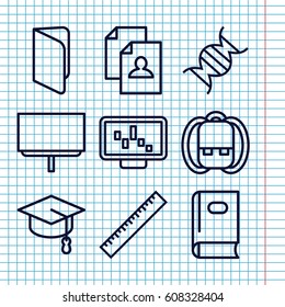 Set of 9 education outline icons such as ruler, book, resume, board, dna, backpack, arrows up