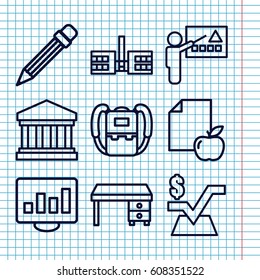 Set of 9 education outline icons such as backpack, office desk, mathematical square, paper and apple, pencil, court building, school, chart on display