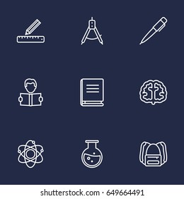 Set Of 9 Education Outline Icons Set.Collection Of Ruler, Encyclopedia, Compass And Other Elements.