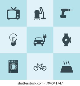 Set of 9 electric filled icons such as electric car, vacuum cleaner, bulb, pump, warm floor, drill, tv, washing machine