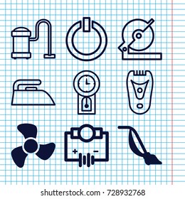 Set of 9 electric filled and outline icons such as vacuum cleaner, fan, electric razor, iron, circular saw, switch off, pendulum