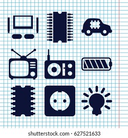 Set of 9 electrical filled icons such as Tv, cpu, plug socket, TV set, battery, bulb, radio