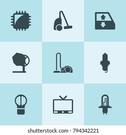 Set of 9 electrical filled icons such as car window lift, chip tuning, spark plug, car halogen bulb, vacuum cleaner, concrete mixer, bulb