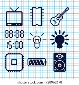 Set of 9 electrical filled and outline icons such as tv, loudspeaker, battery, bulb, guitar, cpu, digital time