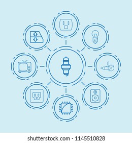 Set of 9 electrical outline icons such as car window lift, chip tuning, spark plug, tv, speaker, socket, bulb