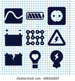 Set of 9 electricity filled icons such as bulb heart, plug socket, voltage warning, battery, broken battery, bulb, electric circuit