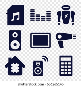 Set of 9 electronic filled icons such as hair dryer, tablet, equalizer, memory card with music