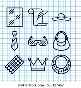 Set of 9 elegance outline icons such as hair curler, window, bag, woman hat, feather and paper, tie, sunglasses, necklace